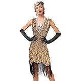 Damen 1920er Jahre V-Ausschnitt Pailletten Fransen Kleid Flapper Charleston Kleider Cocktailkleid...