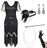 BABEYOND 1920s Flapper Kleid Mit Kurzem Ärmel - Gatsby Motto Party Damen Kostüm Set (Schwarz, L)