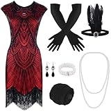 PLULON 1920er Pailletten-Perlen-Fransen-Flapper-Kleid mit 20er-Accessoires-Set (rot)